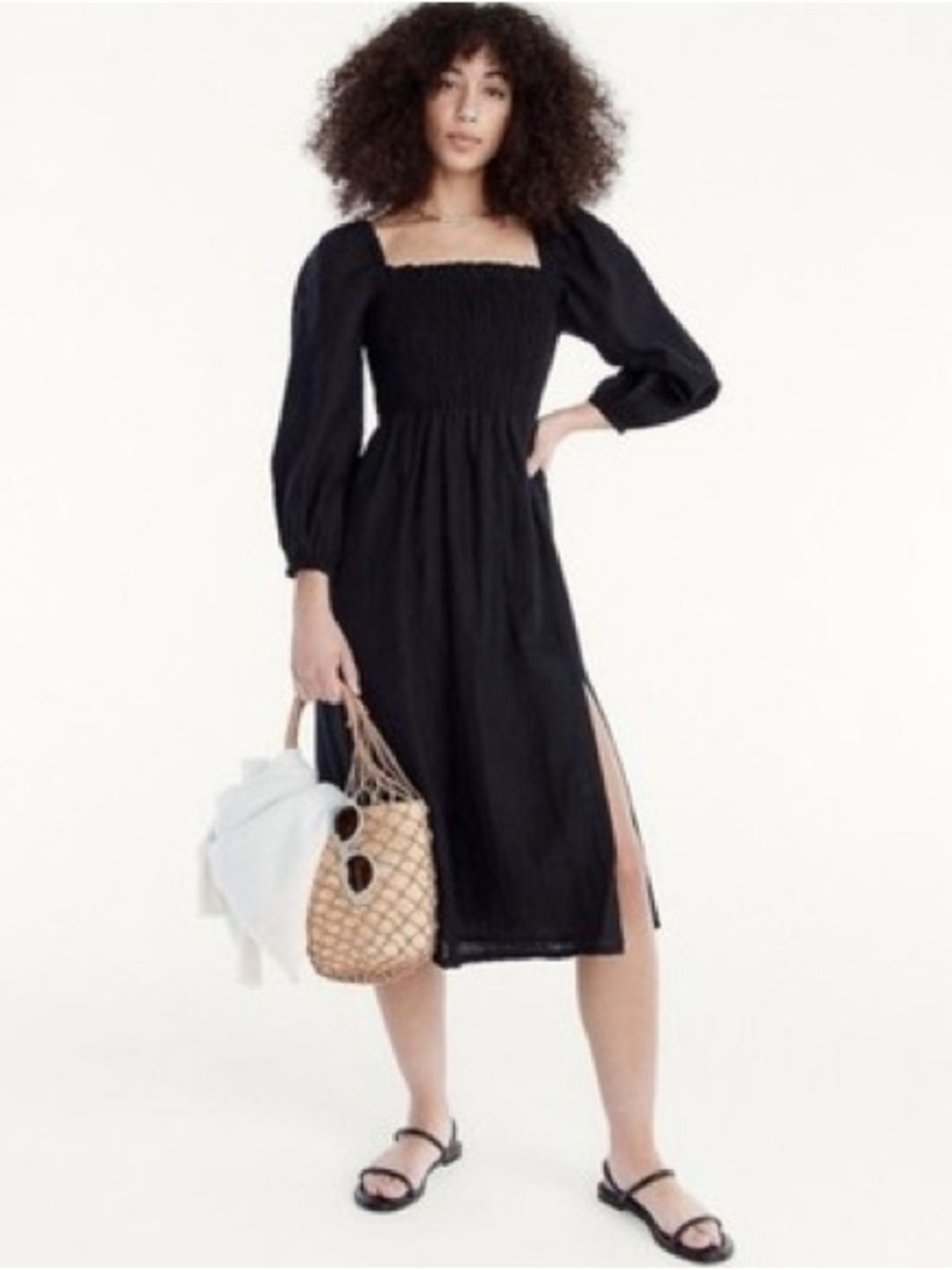 J. Crew Black Smocked Midi Dress w Sleeves. XS.
